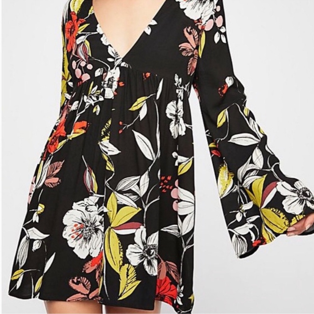 Free People Bella Black Floral Tunic Dress Size Large